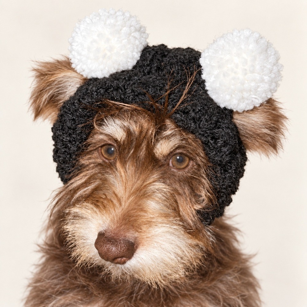 Handmade Crochet Bear Ear Dog Beanie Small Black White Pom Pom Pet Hat
